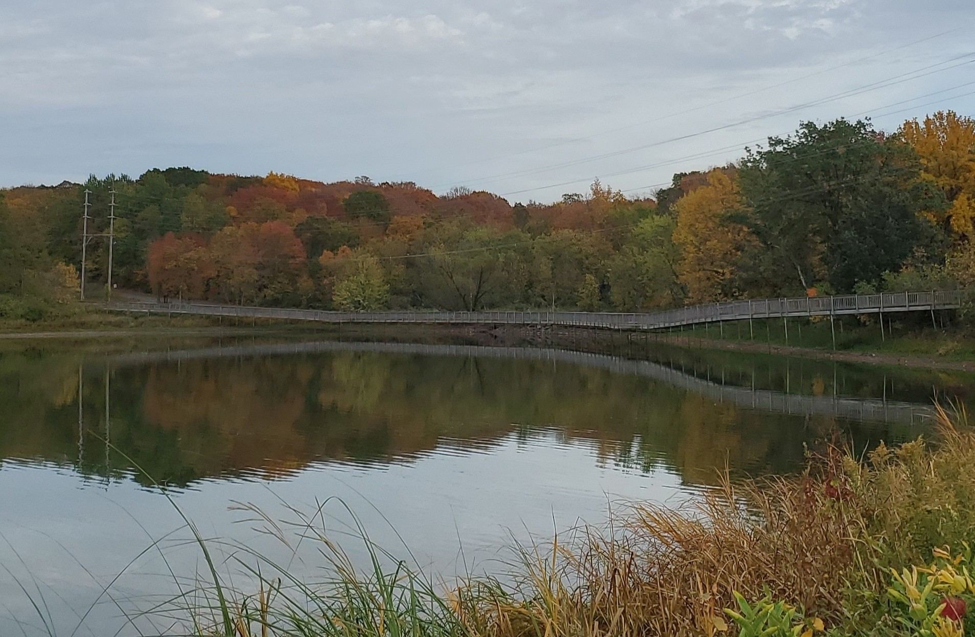 Fall color reflected in Coon Lake beside the boardwalk bridge